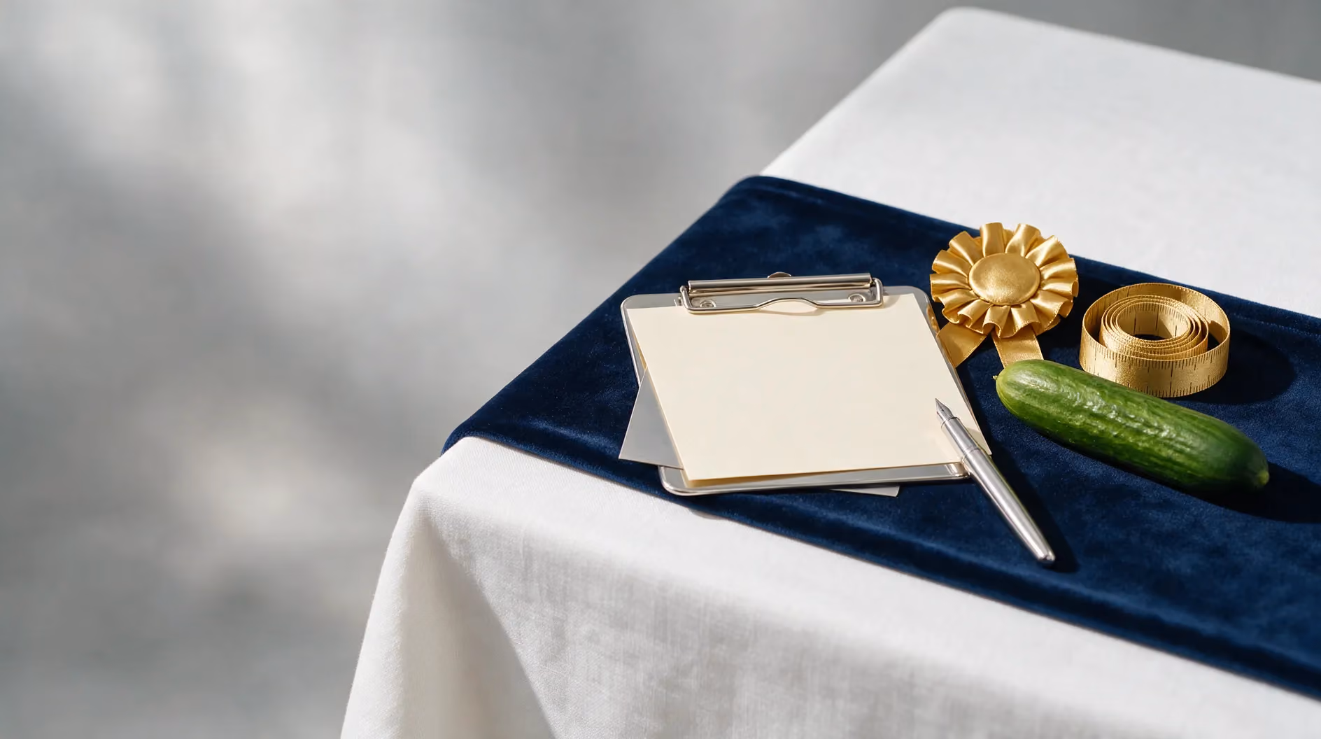 A judges' table with a blank card, a silver pen, a gold rosette, a tape measure and a cucumber