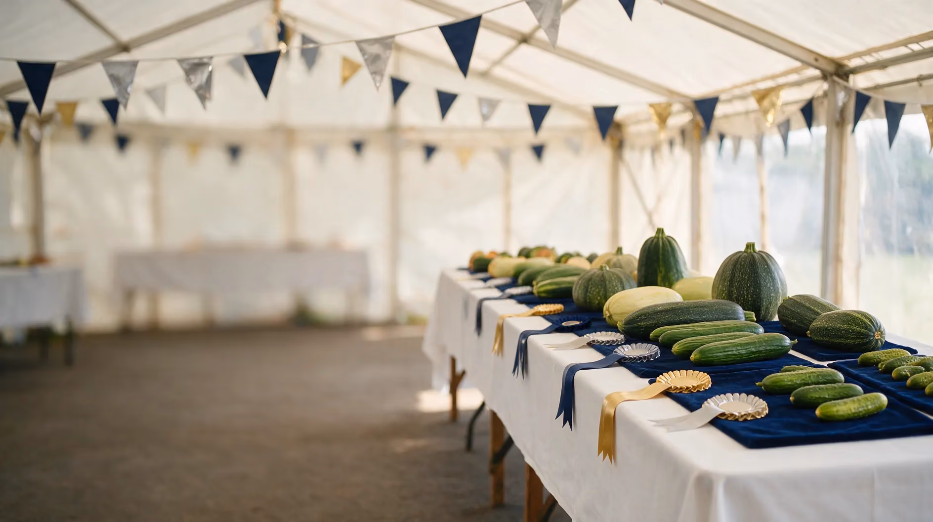 A village show marquee with navy, silver and gold bunting and prize vegetables on a long table