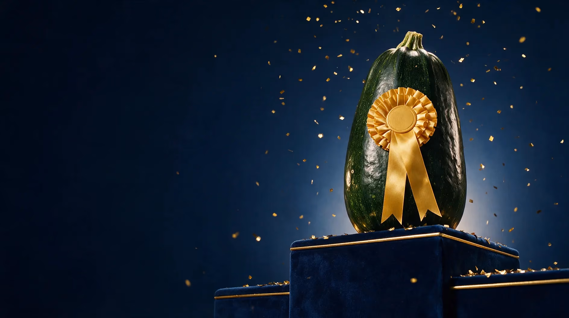 A prize marrow on a navy podium under falling gold confetti