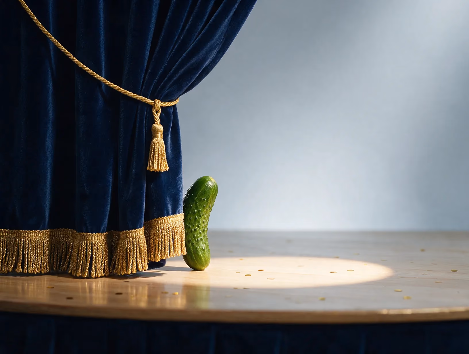 A gherkin peeking out from behind a navy stage curtain