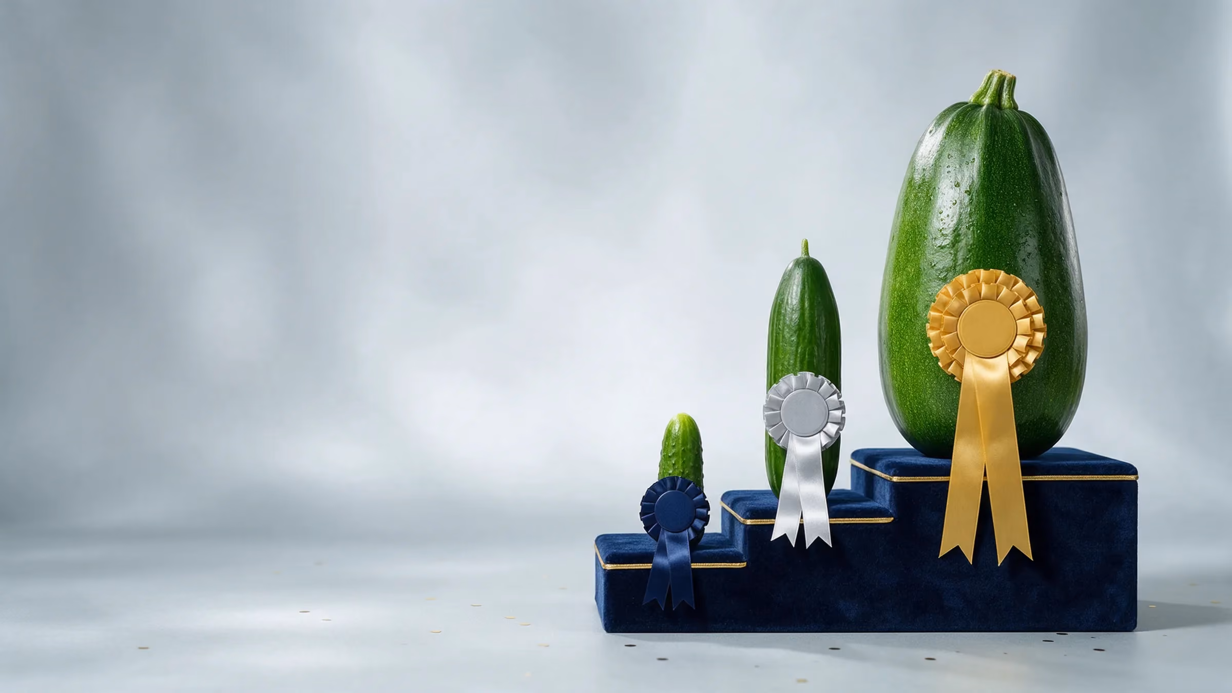 A gherkin, a cucumber and a prize marrow on a navy winners' podium with rosettes