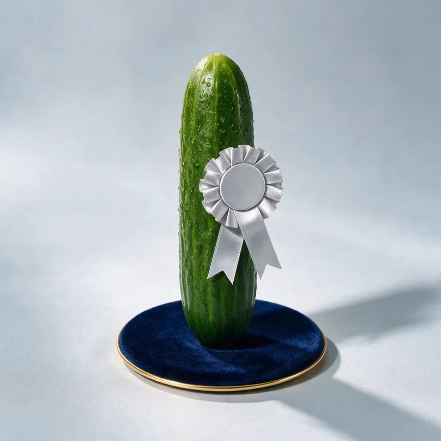 A cucumber on a navy velvet plinth with a silver rosette