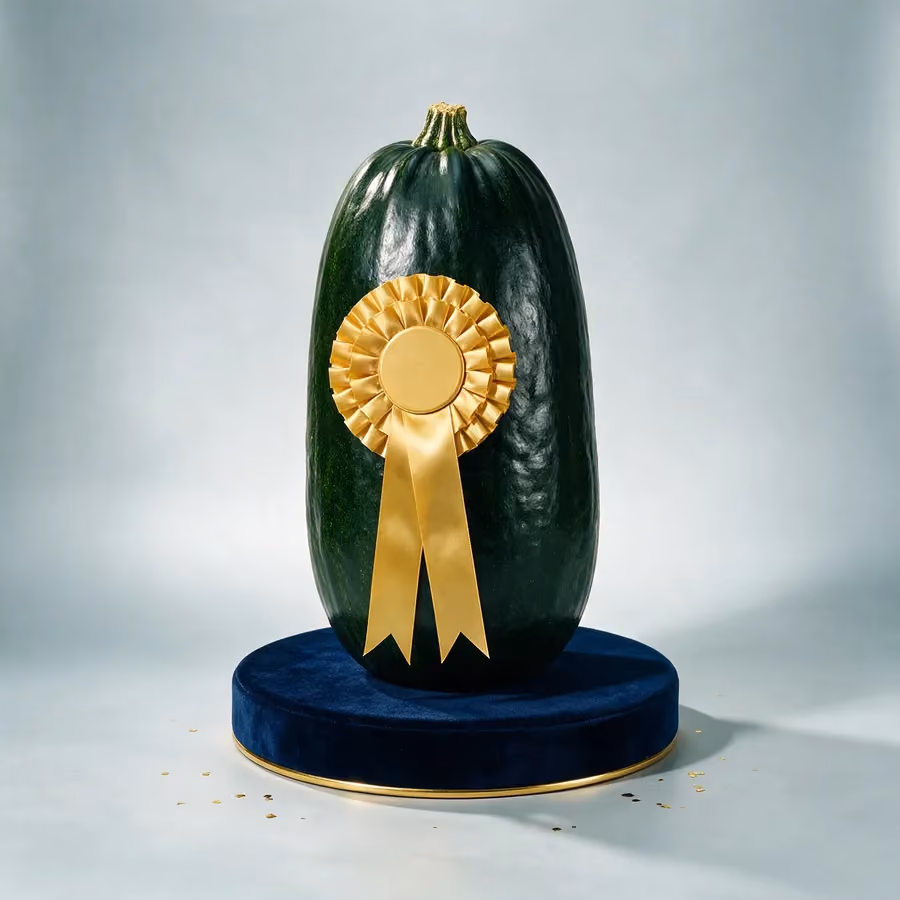 A prize marrow on a navy velvet plinth with a gold rosette