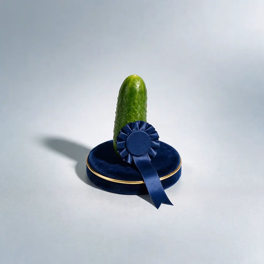 A gherkin on a navy velvet plinth with a navy rosette