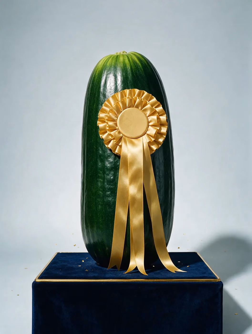 A prize marrow wearing a gold rosette on a navy plinth