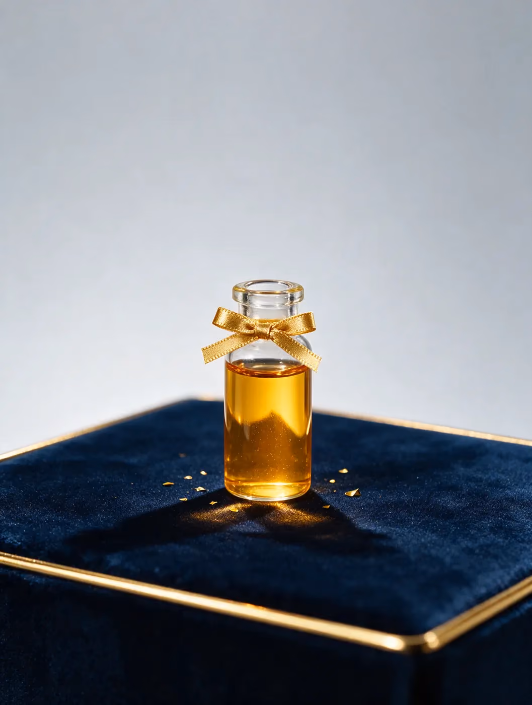 A small glass vial of golden liquid tied with a gold ribbon